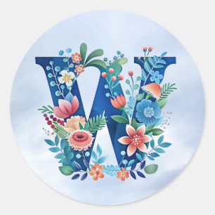 "'W' ornate blue monogram" Classic Round Sticker
