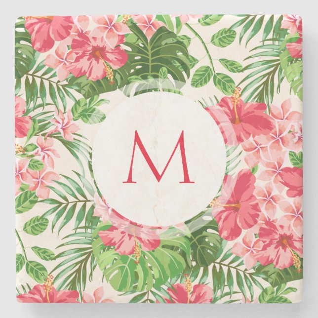 W Personalised Hibiscus Flower Monogram Stone C Coaster (Front)
