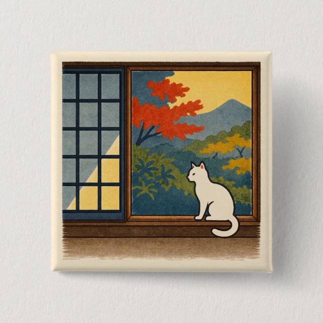 Wa – Quiet Window with White Cat 15 Cm Square Badge (Front)