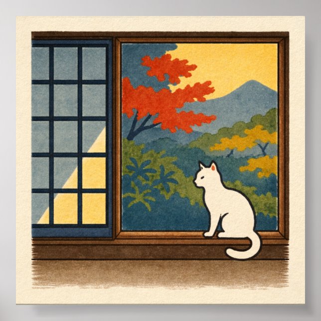 Wa – Quiet Window with White Cat Poster (Front)