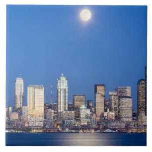 WA, Seattle, Seattle skyline and Elliott Bay 3 Tile