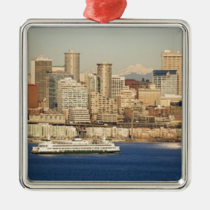 WA, Seattle, Seattle skyline and Elliott Bay Metal Tree Decoration