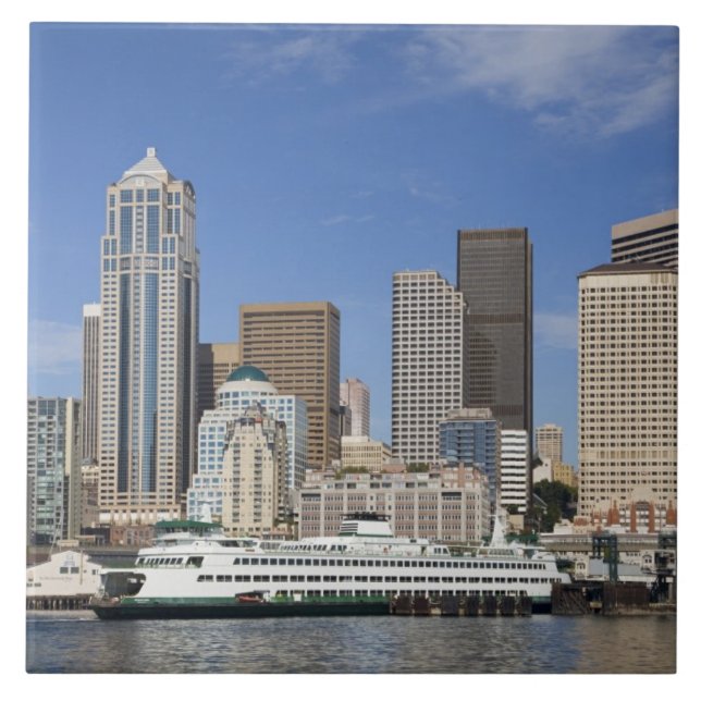 WA, Seattle, Seattle skyline with ferry boat Ceramic Tile (Front)
