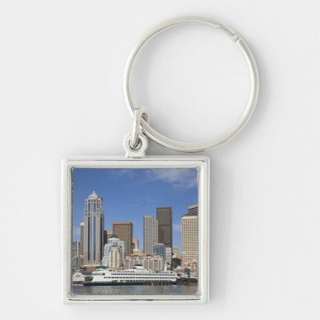 WA, Seattle, Seattle skyline with ferry boat Key Ring (Front)