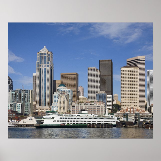 WA, Seattle, Seattle skyline with ferry boat Poster (Front)