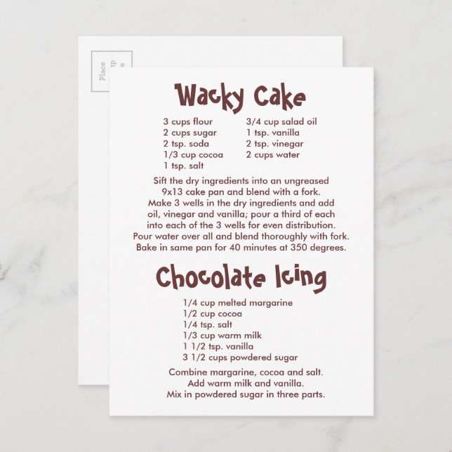 Wacky Cake and Chocolate Icing Recipes Postcard (Front/Back)