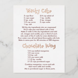 Wacky Cake and Chocolate Icing Recipes Postcard