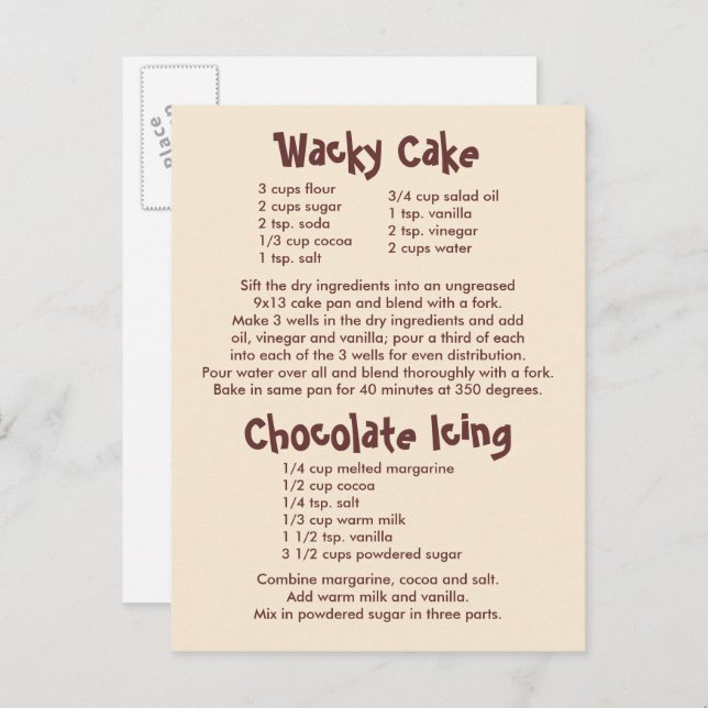 Wacky Cake and Chocolate Icing Recipes Postcard (Front/Back)
