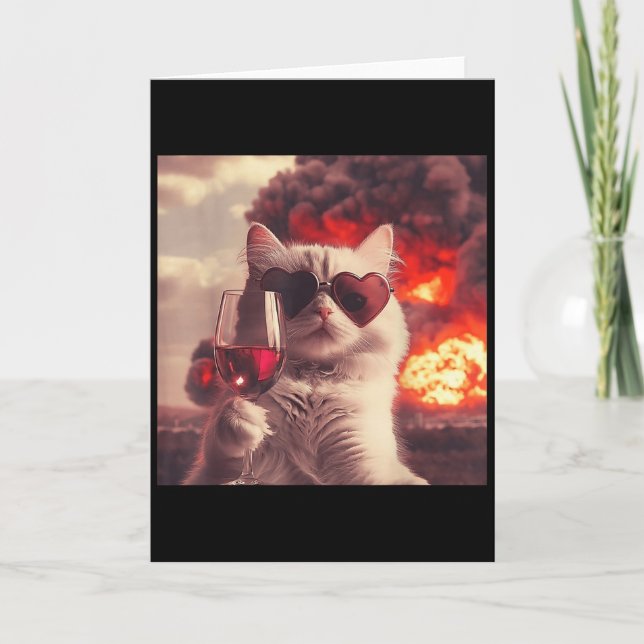 Wacky Cat Holding Wine Selfi With Fire Funny Sungl Card (Front)