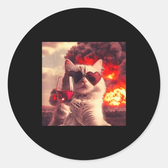 Wacky Cat Holding Wine Selfi With Fire Funny Sungl Classic Round Sticker (Front)