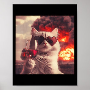 Wacky Cat Holding Wine Selfi With Fire Funny Sungl Poster