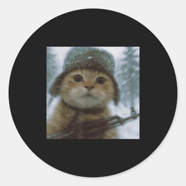 Wacky Cat Snow Kitten Soldier Selfie With Gun Meme Classic Round Sticker (Front)
