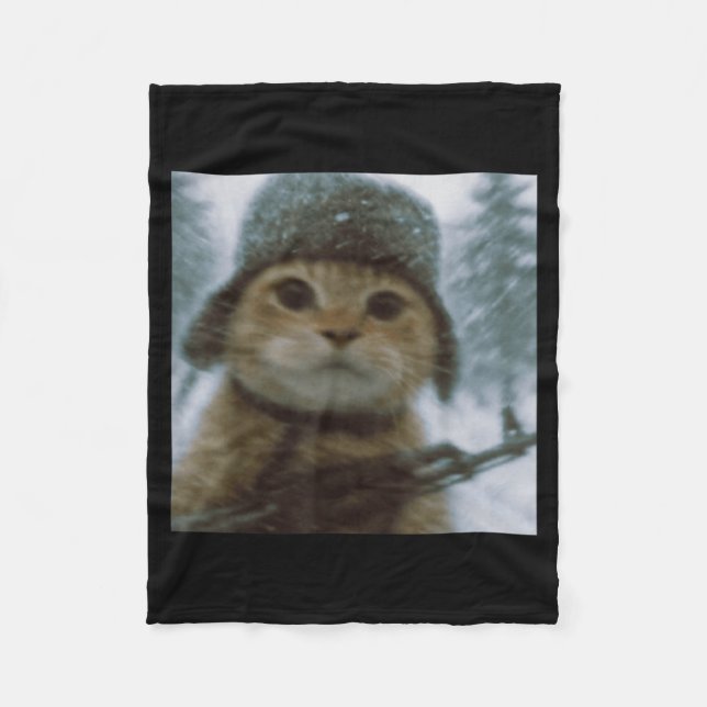 Wacky Cat Snow Kitten Soldier Selfie With Gun Meme Fleece Blanket (Front)