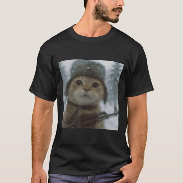 Wacky Cat Snow Kitten Soldier Selfie With Gun Meme T-Shirt (Front)