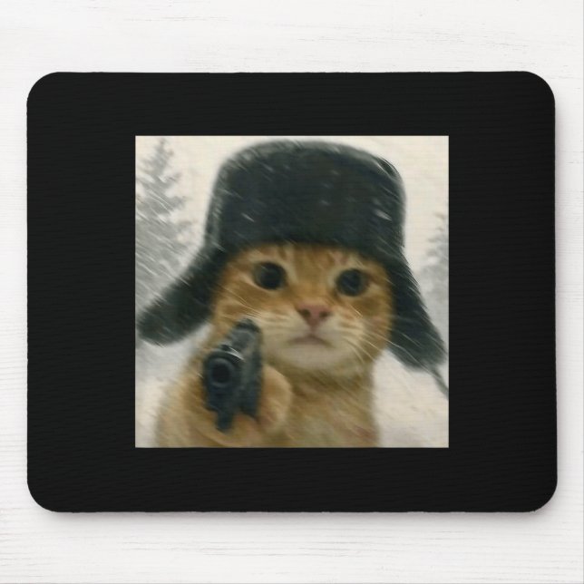 Wacky Cat Wearing Ushanka Hat Russian Meme Cat Hum Mouse Pad (Front)