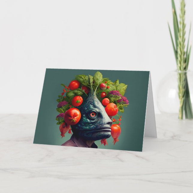Wacky Fish Head Man With Veggies All Occasions  Card (Front)