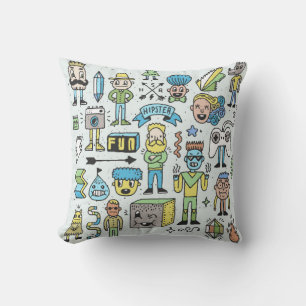 Wacky hipsters doodle set 2. Colorful vintage hand Cushion