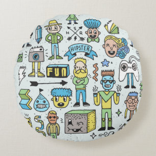 Wacky hipsters doodle set 2. Colorful vintage hand Round Cushion