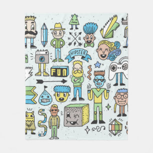 Wacky hipsters doodle set 2. Colourful vintage han Fleece Blanket
