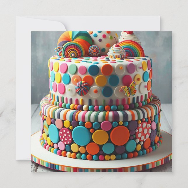 WACKY WEIRD COLORFUL LINES & CIRCLES CAKE BIRTHDAY INVITATION (Front)
