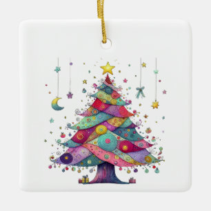 Wacky Whimsical Christmas Tree, Bright Colours Cer Ceramic Ornament