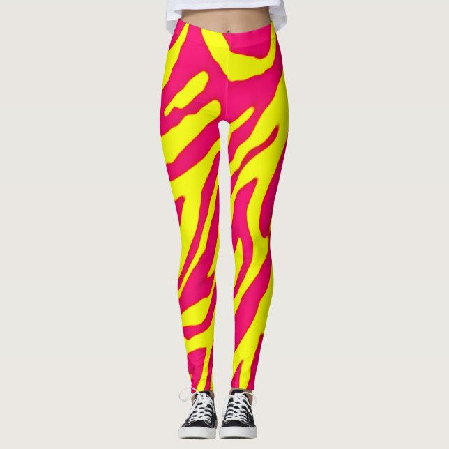Wacky Zebra Stripes Pink & Yellow Pattern Leggings (Front)