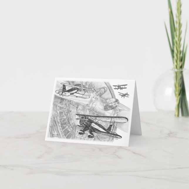 Waco YMF Biplane Drawing by Kelli Swan Card (Front)