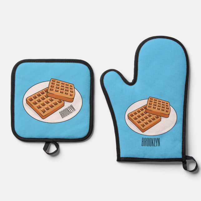 Waffle cartoon illustration  oven mitt & pot holder set (Front)
