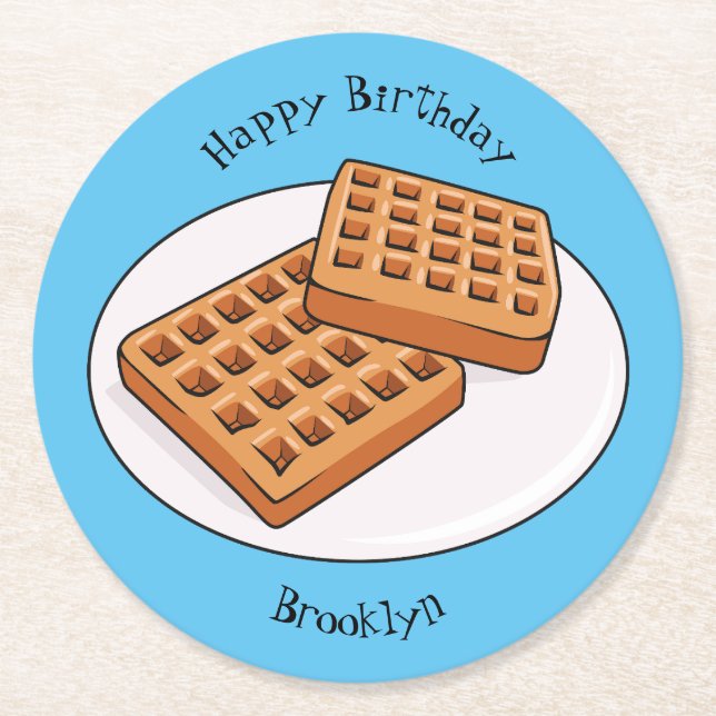 Waffle cartoon illustration  round paper coaster (Front)