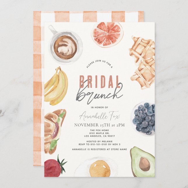 Waffles Coffee Fruits Watercolor Bridal Brunch Invitation (Front/Back)
