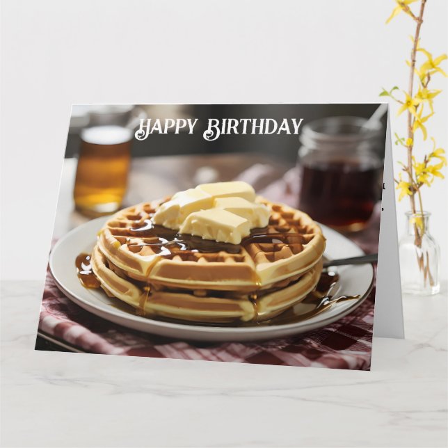 Waffles on plate with syrup and button ontop card (Yellow Flower)
