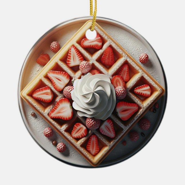 Waffles Whipped Cream and Strawberries Christmas Ceramic Ornament (Front)
