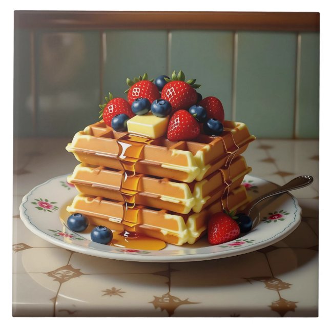 Waffles with Strawberries and Blueberries Ceramic Tile (Front)