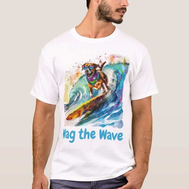 Wag the Wave – Surfing Dog Summer Beach Vibes T-Shirt (Front)