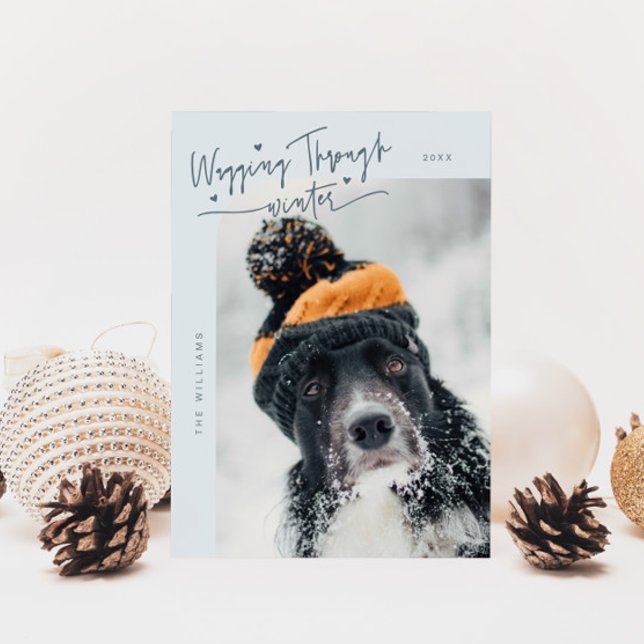 Wagging Through Winter Dog Photo Blue Christmas Holiday Card (Creator Uploaded)