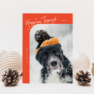 Wagging Through Winter Dog Photo Red Christmas Holiday Card