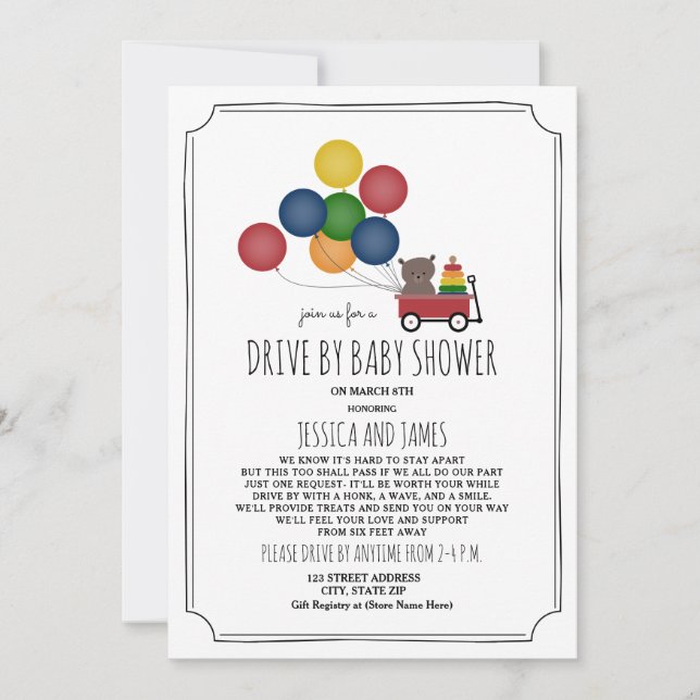 Wagon Bear Balloons Drive By Baby Shower Neutral Invitation (Front)