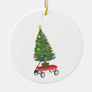 Wagon Christmas Tree Ceramic Ornament