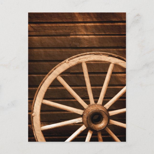 Wagon wheel leaning against old wooden wall postcard (Front)