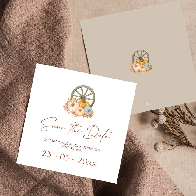 Wagon Wheel Rustic Autumn Wedding Save The Date (Rustic Autumn Fall Harvest Pumpkins Wedding Save The Date)