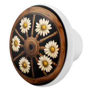 Wagon Wheel White Daisies Rustic Ceramic Knob