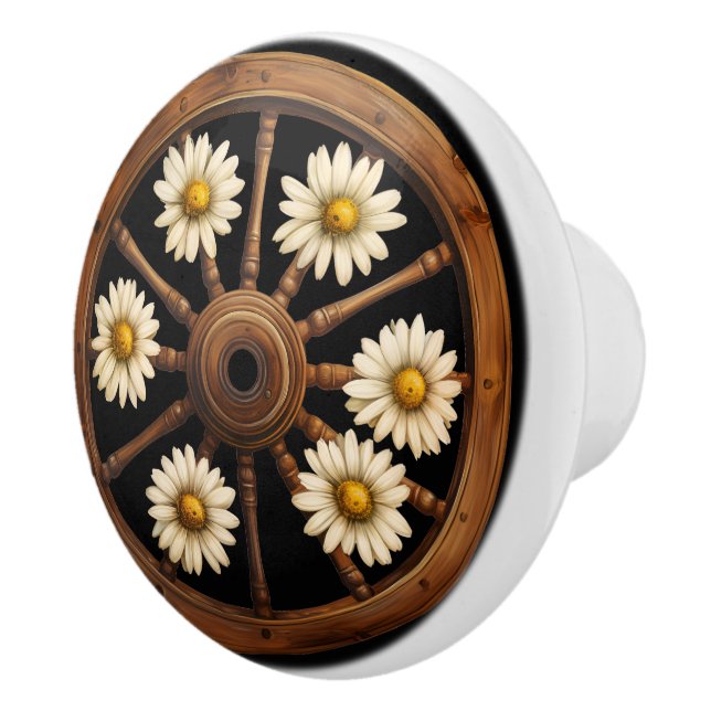 Wagon Wheel White Daisies Rustic Ceramic Knob (Right)