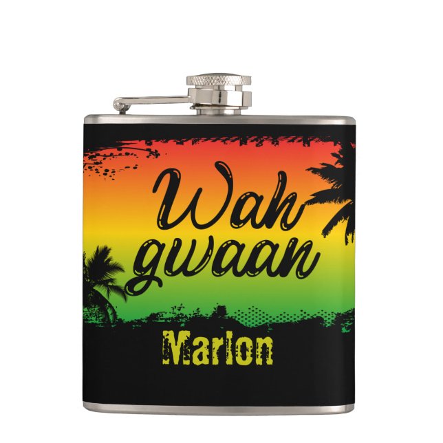 Wah Gwan Jamaican Rasta Reggae Lover Hip Flask (Front)