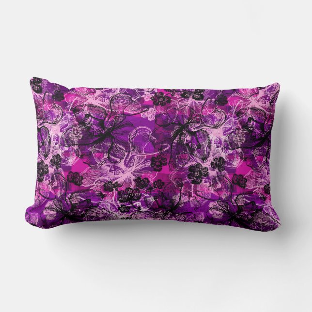 Wahine Lace Hawaiian Orchid Collage Lumbar Cushion (Front)