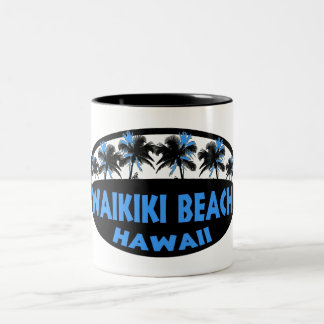 Waikiki Beach Hawaii blue black palms Two-Tone Coffee Mug