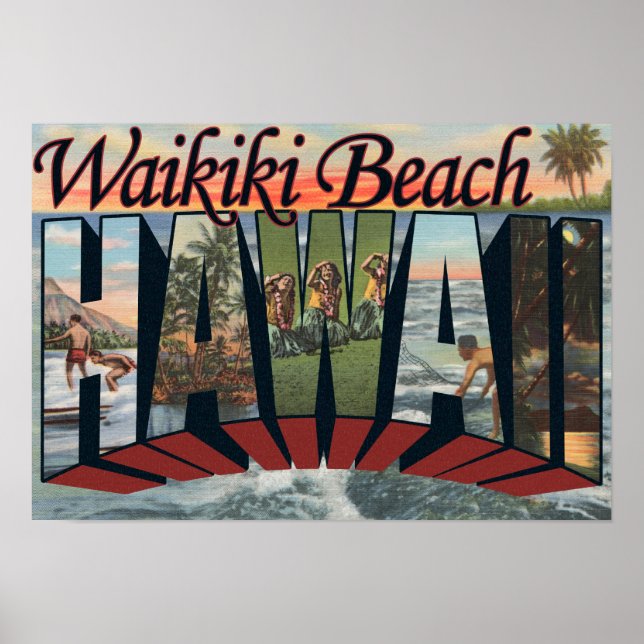 Waikiki Beach, Hawaii - Large Letter Scenes Poster (Front)