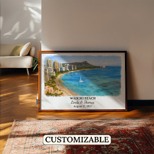 Waikiki Beach Hawaii Poster, Watercolor, Honolulu Poster