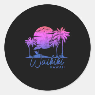 Waikiki Beach Hawaii Surf Vintage Sunset Surfer Classic Round Sticker