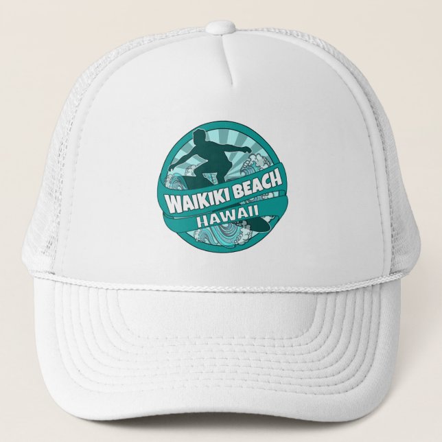 Waikiki Beach Hawaii teal surfer logo hat (Front)