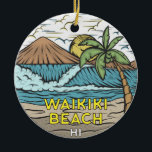 Waikiki Beach Hawaii Vintage Ceramic Ornament<br><div class="desc">Waikiki Beach hand drawn illustration with mountains and ocean waves in the background. Perfect for anyone who loves to visit Waikiki Beach.</div>